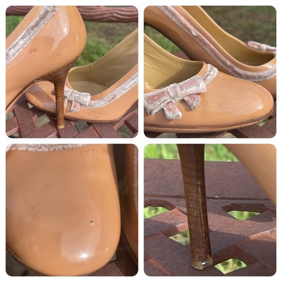 Valentino Apricot Bow Detail Round Toe Wood Stacked Heel Pumps - Picture 10 of 10